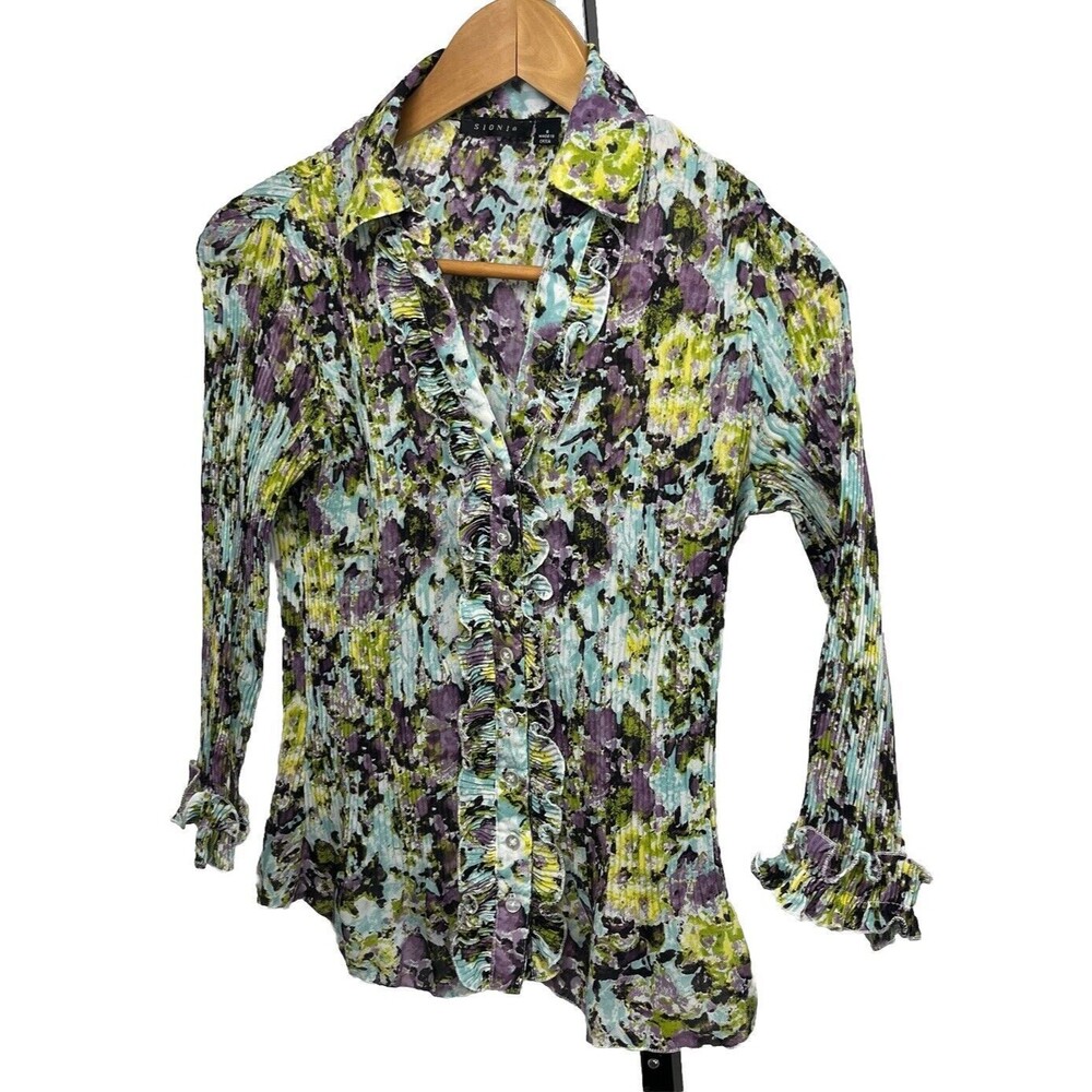 Sioni Top Button Up Ruffle Pleated Crinkle Floral Watercolor Small Romantic Twee